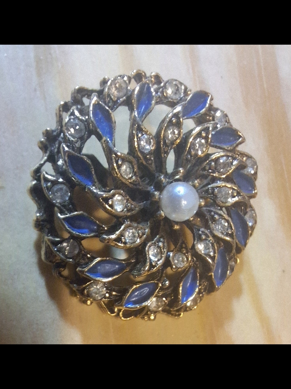 CORO Blue Enamel and Pearl Swirl Brooch with Crystals - Women Jewelry